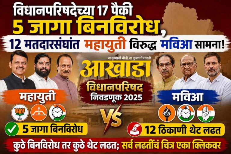 विधानपरिषदेच्या 17 पैकी 5 जागा बिनविरोध, १२ मतदारसंघांत महायुती विरुद्ध मविआ सामना!